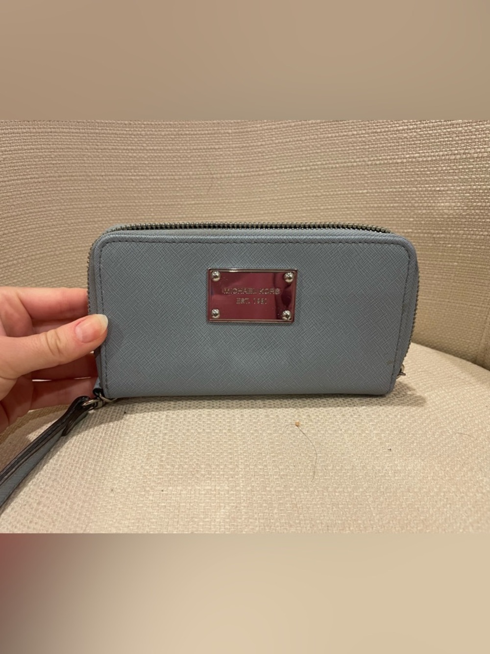 Michael Kors Pale Blue Saffiano Leather Zip Wallet with Silver Plaque